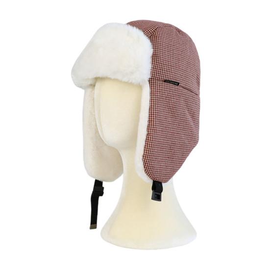 Lei Feng Hat Plaid Print Velvet Lining Buckle Closure Ear Protection Hat Windproof Cold Weather Outdoor Hat