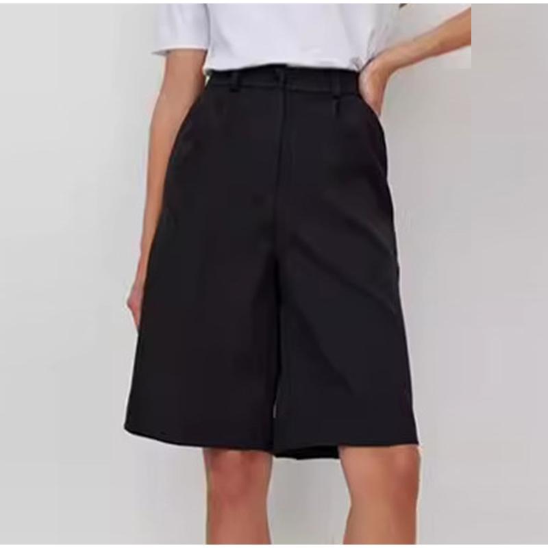 

Повседневные шорты с высокой талией для женщин 2025 года, весна-лето, свободные однотонные брюки длиной до колена для офисных леди, прямые шорты S чёрный