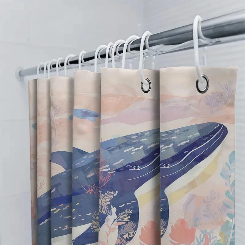 Whale Bathing Blue Shower Curtain For Bathroom Decor Coral Sea Life Print, Polyester Fabric Waterproof 3D Printing Shower Curtai