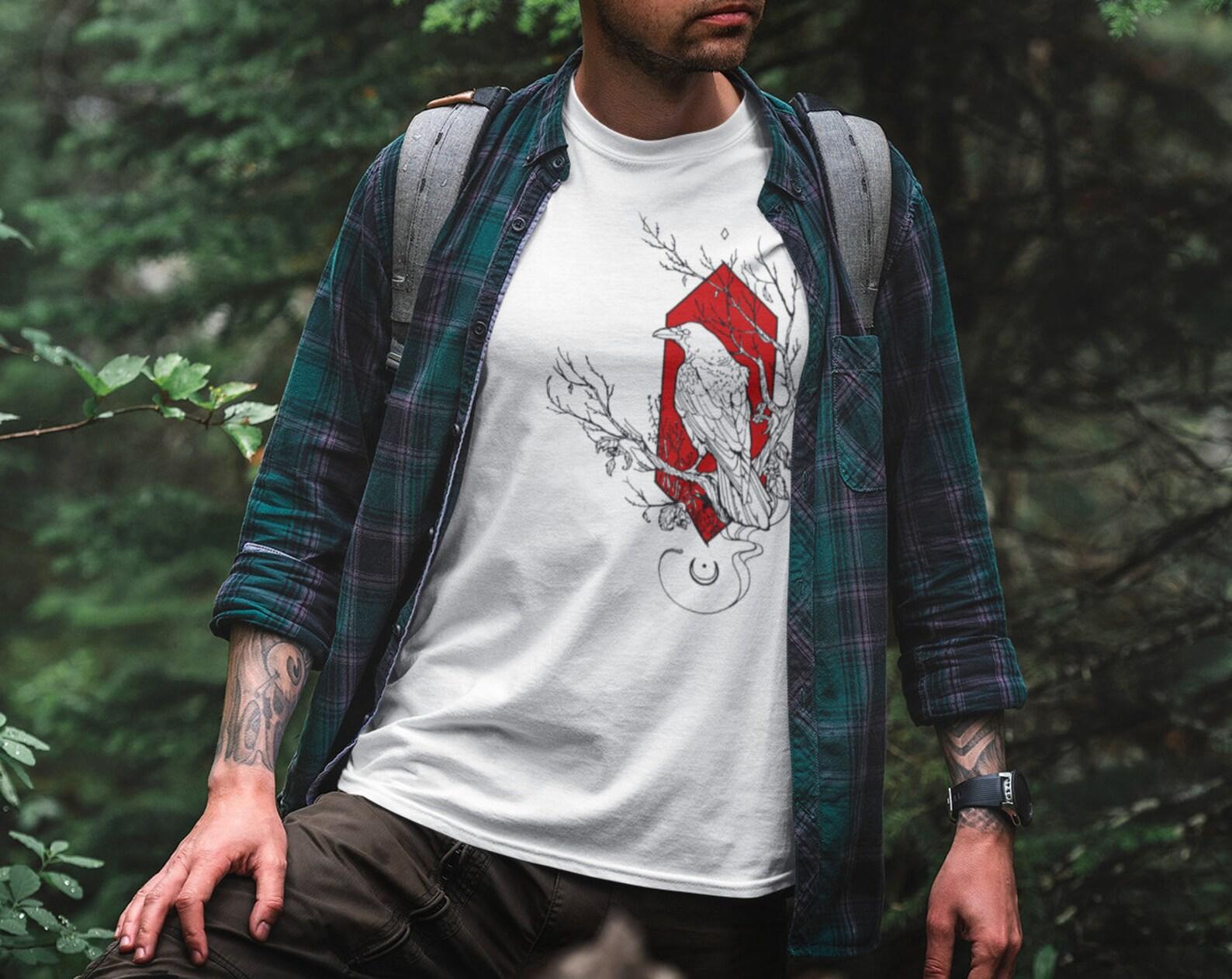 Raven T-Shirt / Hand Drawn White T-Shirt / Art T-Shirt / T-Shirt for Him / Gothic T-Shirt / Raven Tattoo / Black Raven / Dark Alternative / L