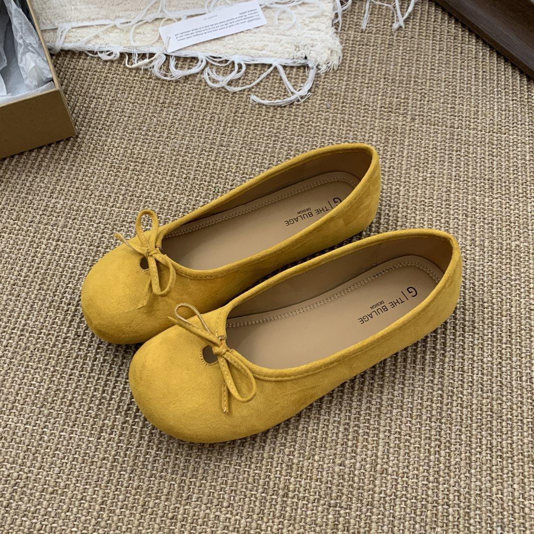 

Temperament Single Shoes French Shallow Mouth Women S Shoes Round Head Bow Ladyshoes Small Fragrant Wind Doudou Shoes Flat Suede Ballet Shoes 35 жёлтый