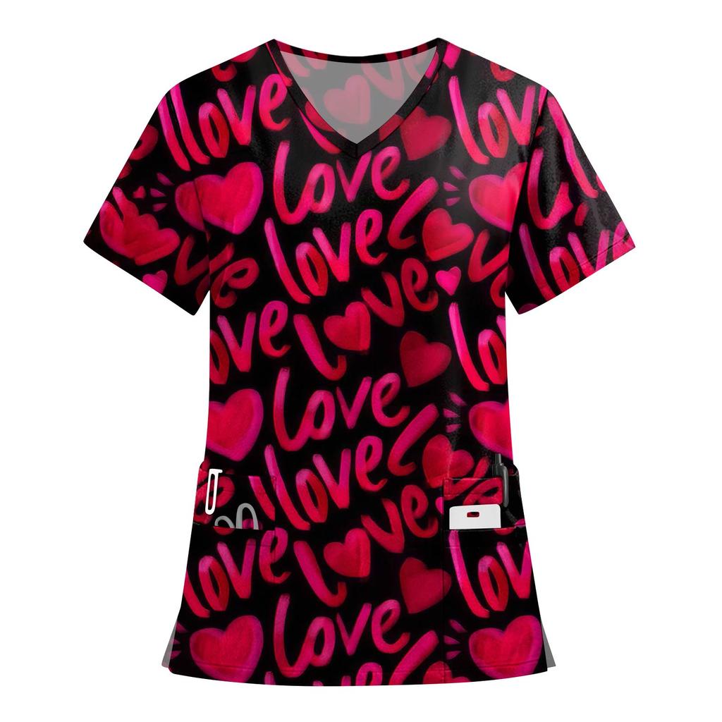 Women's Fashion Printed Short Sleeve V Neck Pattern Tops Pocket Working T-shirts