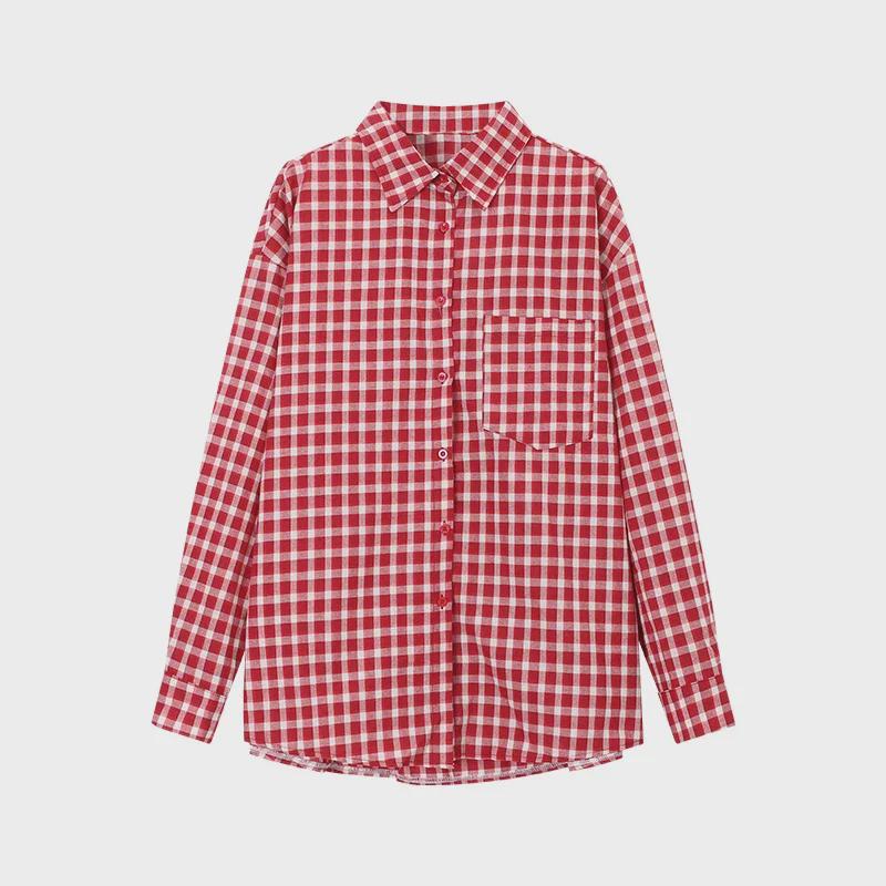 Damen Retro Rot Kariert Langarm Polokragen Hemd - Frühling Nischendesign, Lockere Slim Strickjacke