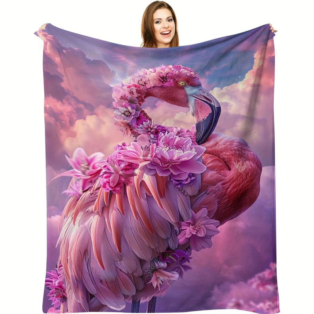 Cozy Flamingo Floral Print Flannel Throw Blanket - Soft, All-Season Knit with Digital Animal Design for Couch & TV, Hand Washabl