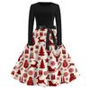 Damen Vintage Weihnachtsdruck Langarm Rundhals Abendpartykleid für Feiertagsveranstaltungen