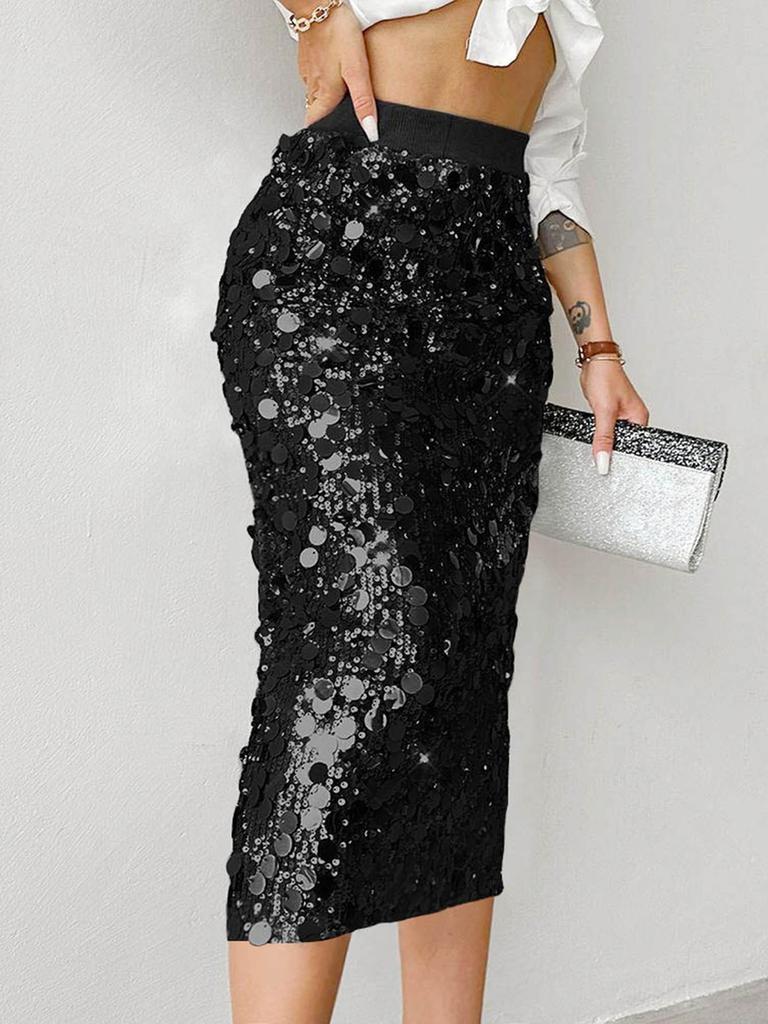 Bestselling Women's Fashion Solid Elegant High Waist Slim Fit Midi Sequin Half-Length Skirt LFY