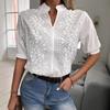 Women Embroidered Lace Stand Collar Short Sleeve Loose Blouse