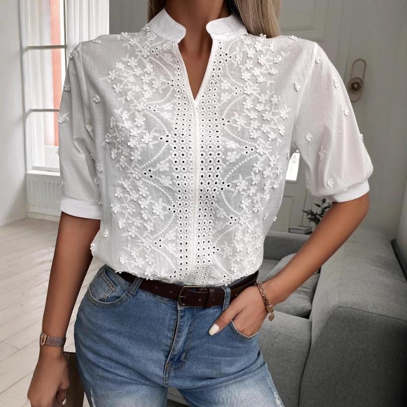 Women Embroidered Lace Stand Collar Short Sleeve Loose Blouse