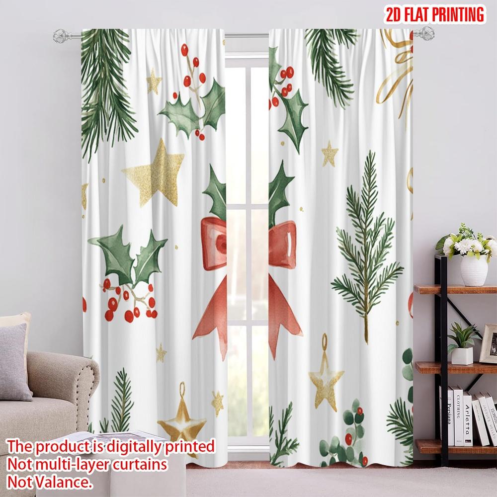 

2pcs,2D plane printing Curtain Popular Christmas Bow Holly Berry Tree (2) 100% Polyester (without rod) Art Deco Festive Perfect 52.50 × 116.00 cm 2 pcs