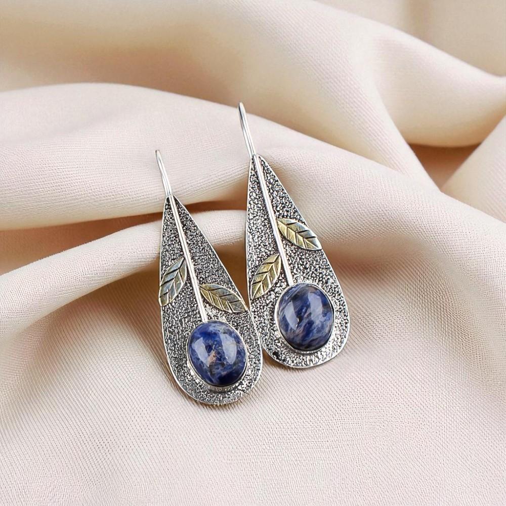 Natural Sodalite Gemstone 925 Sterling Silver Jewelry Handcrafted Earrings2.00" EE-72-21