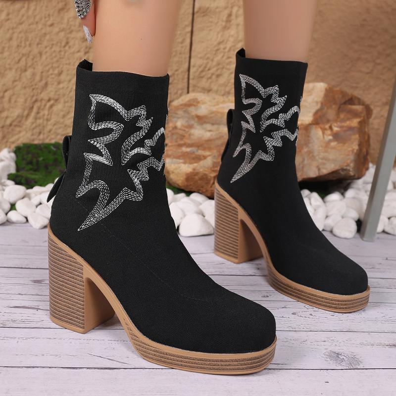Fashion Fashion White Geometric Pattern Sock Boots Women Autumn Square Toe High Heel Mid Calf Western Cowboy Boots Sexy Slip On Shoes