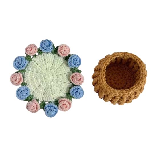 Yousheng Crochet Flowers Coaster Handmade Rose Coaster Potted Flowers Decorative Rose Bouquet Coaster with Basket Gift for Family Friends Flower