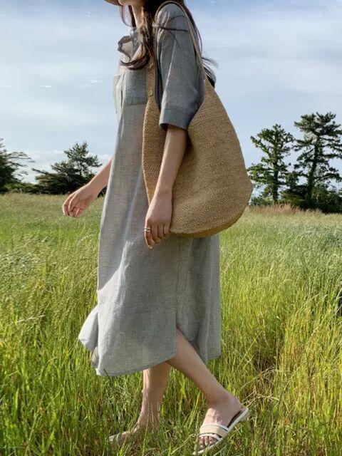 

Дизайнерское темпераментное полосатое платье-рубашка для женщин 2025 года, лето, новая корейская версия, свободное и тонкое платье средней и длинной длины M светло-серый