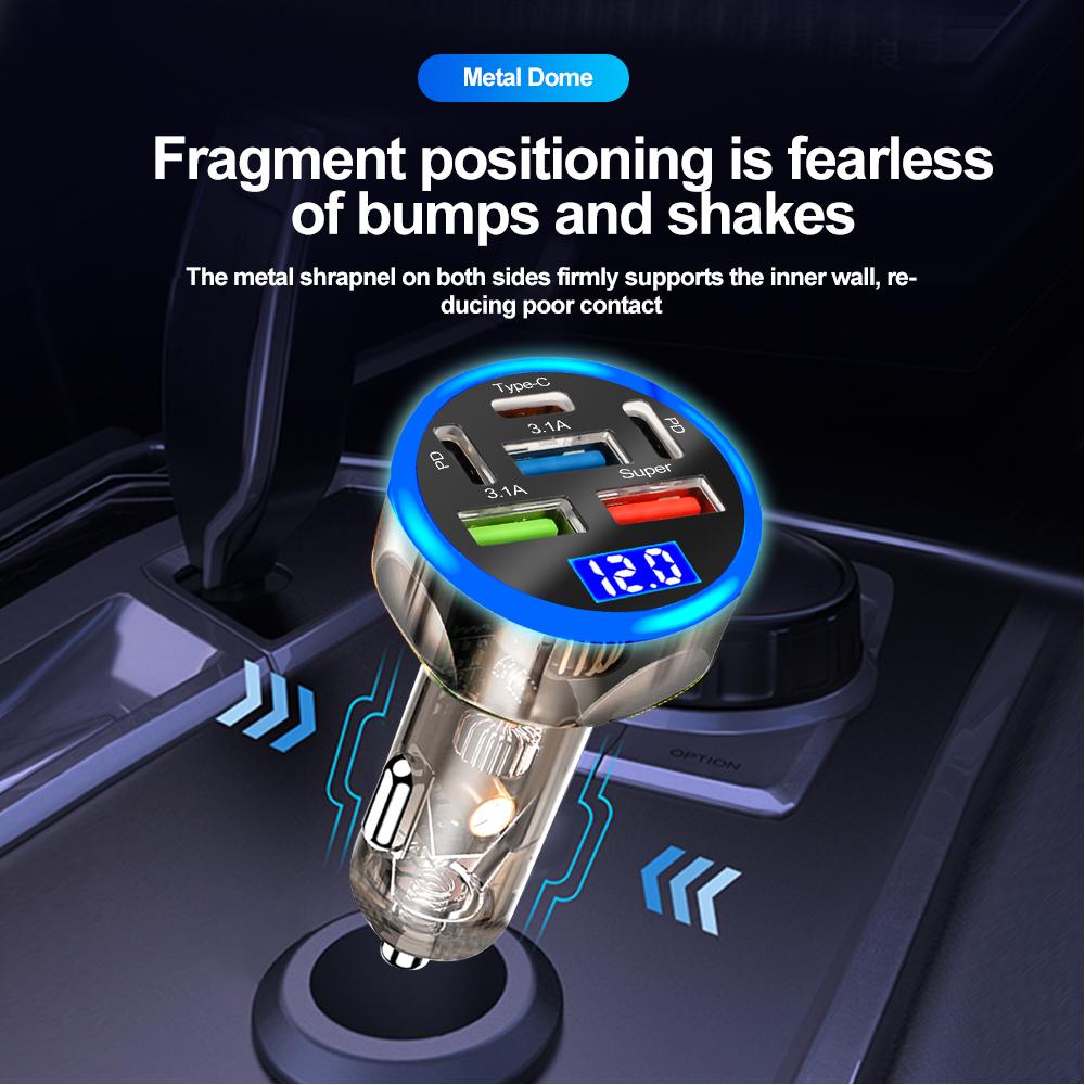 200W 6 Ports Car Charger Fast Charging PD QC3.0 USB C Car Phone Charger Type C Adapter In Car For iPhone Samsung Huawei Xiaomi