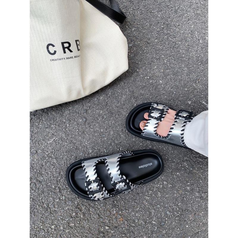 ~ Versatile One-pedal Open-toed Double-breasted Lazy Thick-soled Heightening Slippers Women