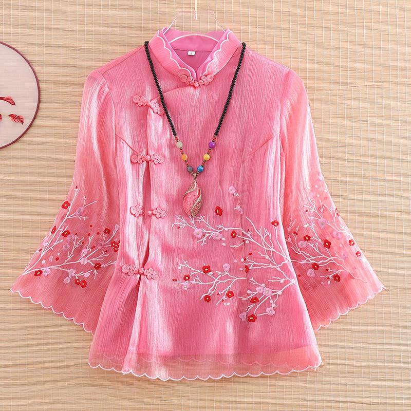 Chinese Style Embroidered Blouse Modified Stand Collar Bat Sleeve Loose Top Vintage Temperament Women's Clothing