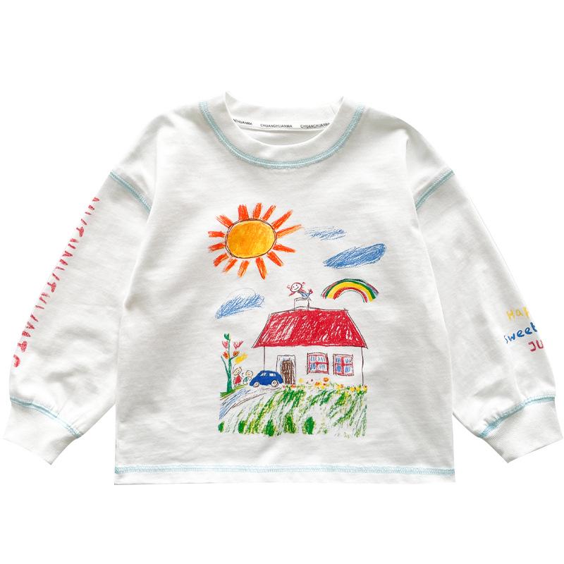 Nausicaa Spring 2025 Kids' Hand-Painted Korean-Style Cotton T-Shirt - Cute Long Sleeve for Boys & Girls