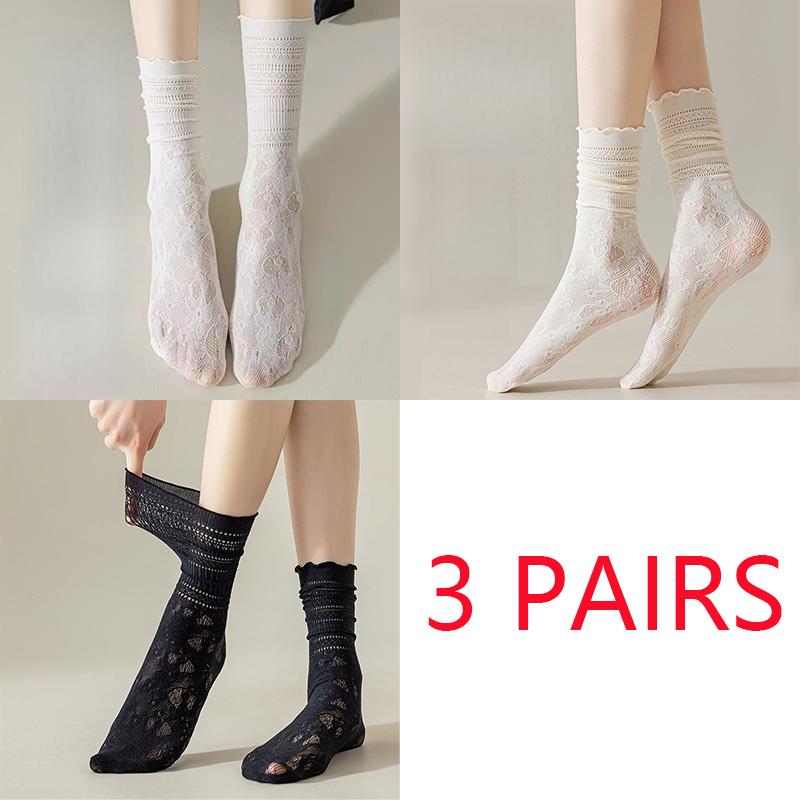 

3 пары белых толстых летних тонких носков с кружевной отделкой, женские дышащие сетчатые ажурные носки до середины икры с краем под дерево 3 Pairs
