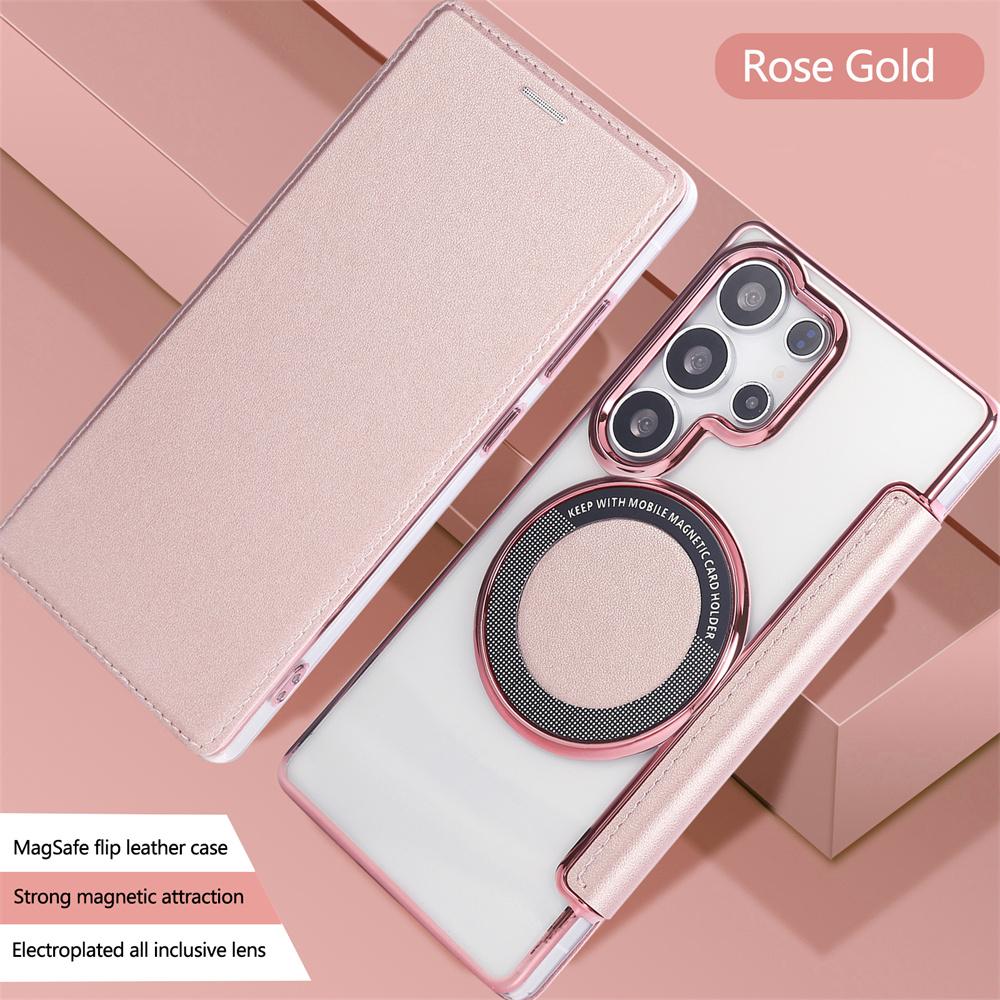Flip Slot Card Leather Wallet Clear Magnetic Phone Case For Samsung S24 S25 Ultra S22 S23 Plus For Magsafe Wireless Charge Cover