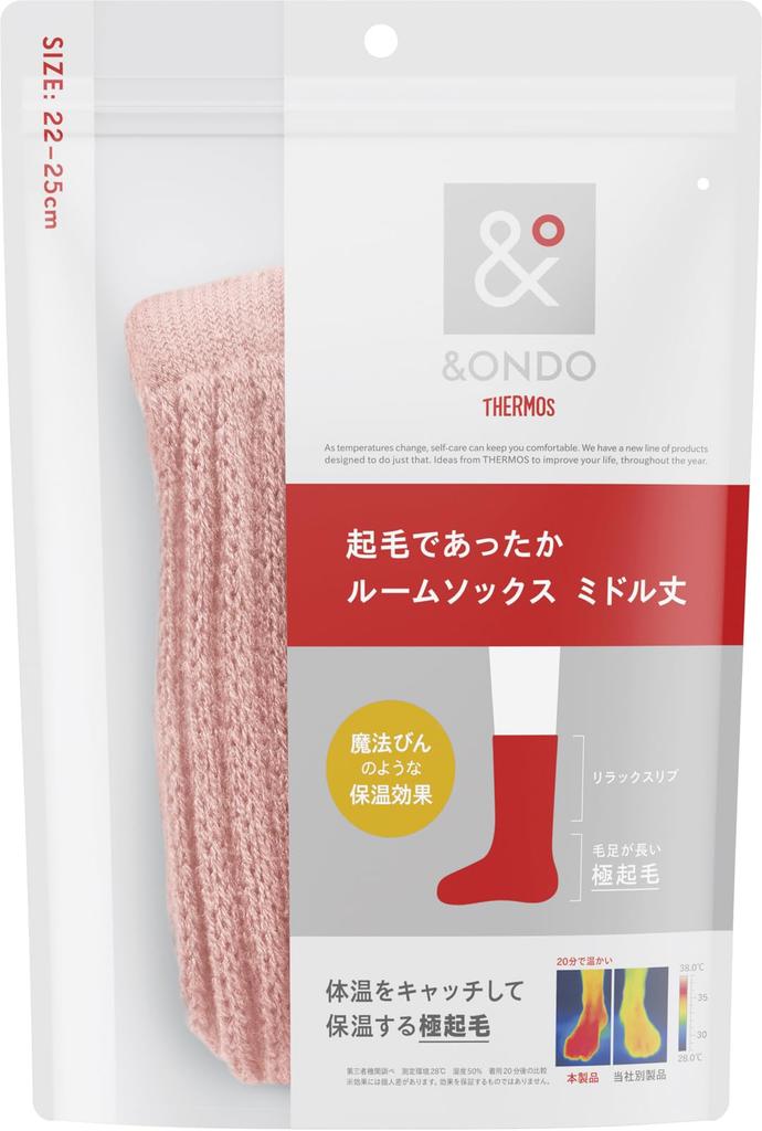 Thermos Warm Fleece Room Sizes Cold Winter Warm Socks &ONDO Socks, Mid-Length, 22-25cm, Pink, Thermos-Like Warmth, Protection, Warmth,