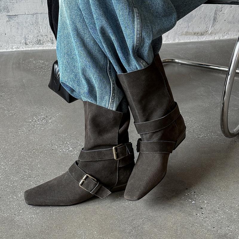 Fashion 2025 New Retro Women Cow Suede Calf Boots Western Boots Autumn Winter Square Toe Buckle Decoration Thick Heels Boots Women