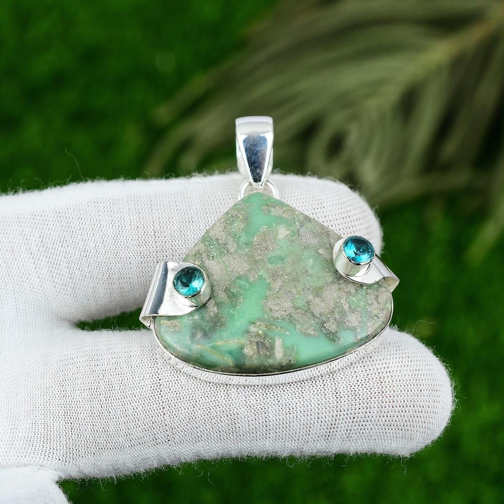 Mothers Day Deal Pear Variscite Gemstone Topaz Handcrafted Pendant 925 Silver