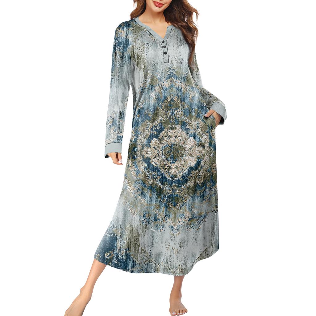 Damska koszula nocna długa odzież wypoczynkowa dekolt V sukienka nocna z kieszeniami