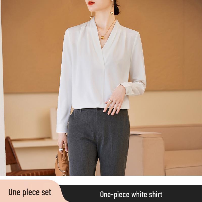 

Женская атласная рубашка с V-образным вырезом - Пуловер с длинным рукавом на осень для профессиональной носки M