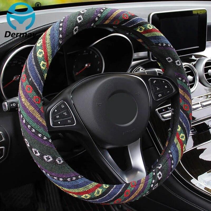 Car Steering Wheel Cover Handlebar Braid Steering Wheel Wrap Natural Fibers Anti Slip Breathable National Style 38cm Universal