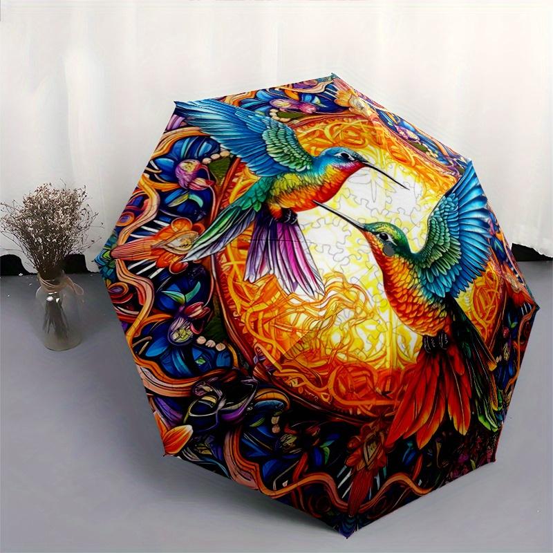 1pc Colorful Hummingbirds In a Vibrant Garden Automatic Umbrella Design, Cute Cartoon Pattern, Portable Outdoor Umbrella, Holiday Gift R067