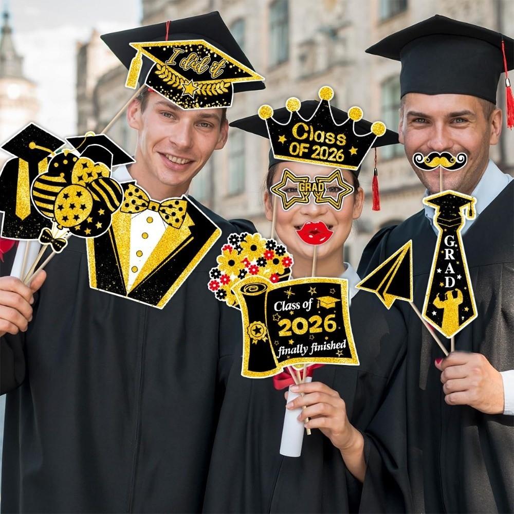 30Pcs/Set Black Golden 2026 Graduation Photo Booth Props With Sticks Pose Sign 2026 Graduation Decorations DIY Dress Up