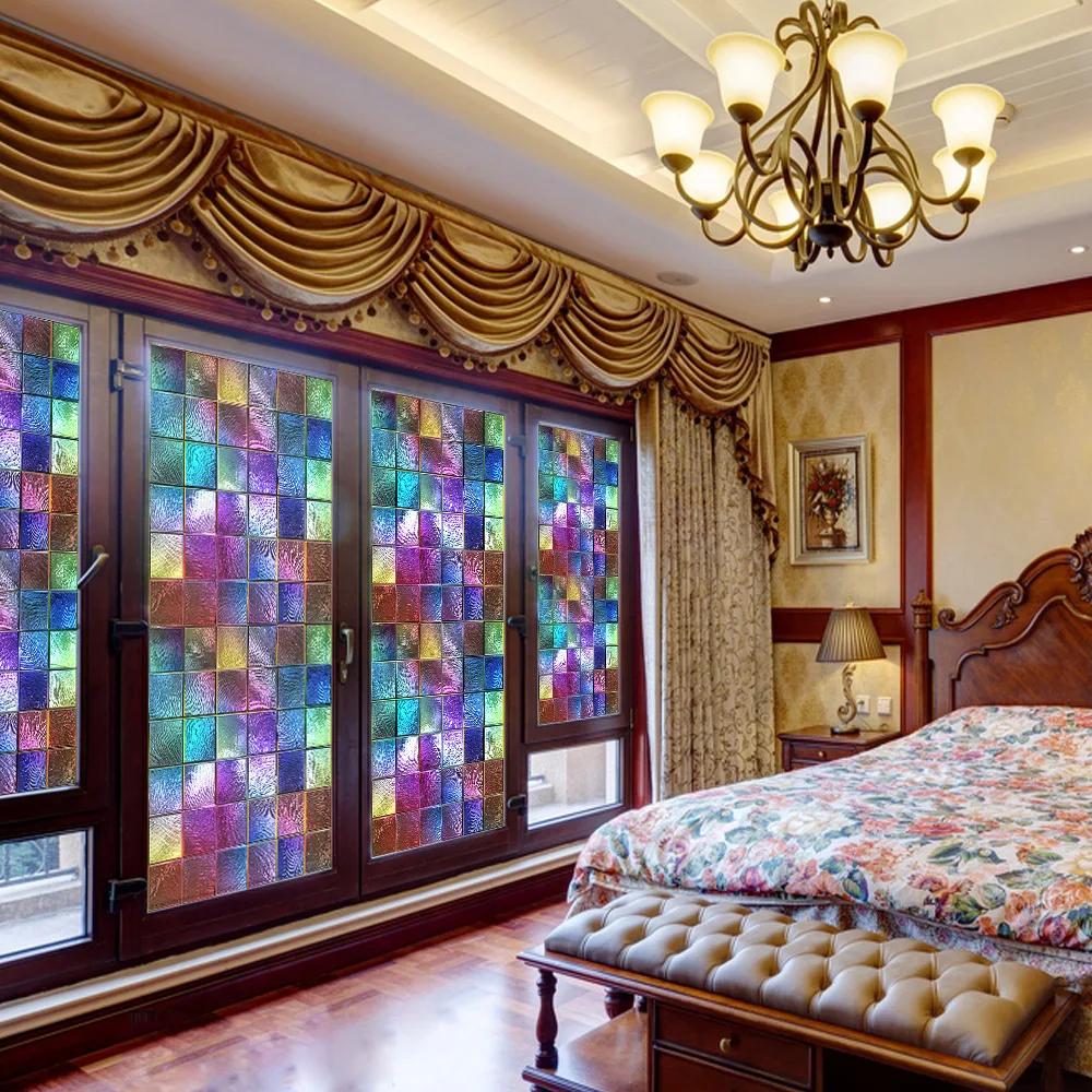 Colorful Stained Glass Window Film Retro Flowers Pattern Non-adhesive Window Decals Static Clings Non-Adhesive Window Stickers