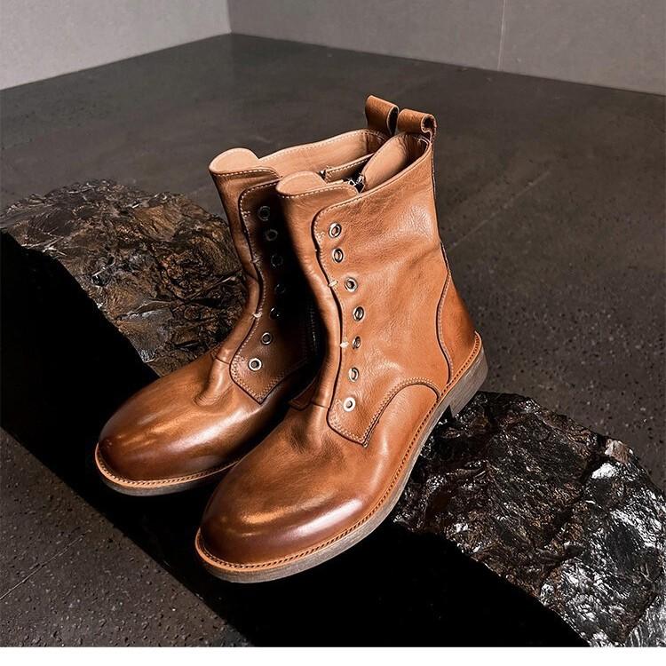 Haute Couture~ 2025 Autumn and Winter Round Head Side Zipper Medium Boots Brown First Layer Cowhide Genuine Leather Martin Boots Secret