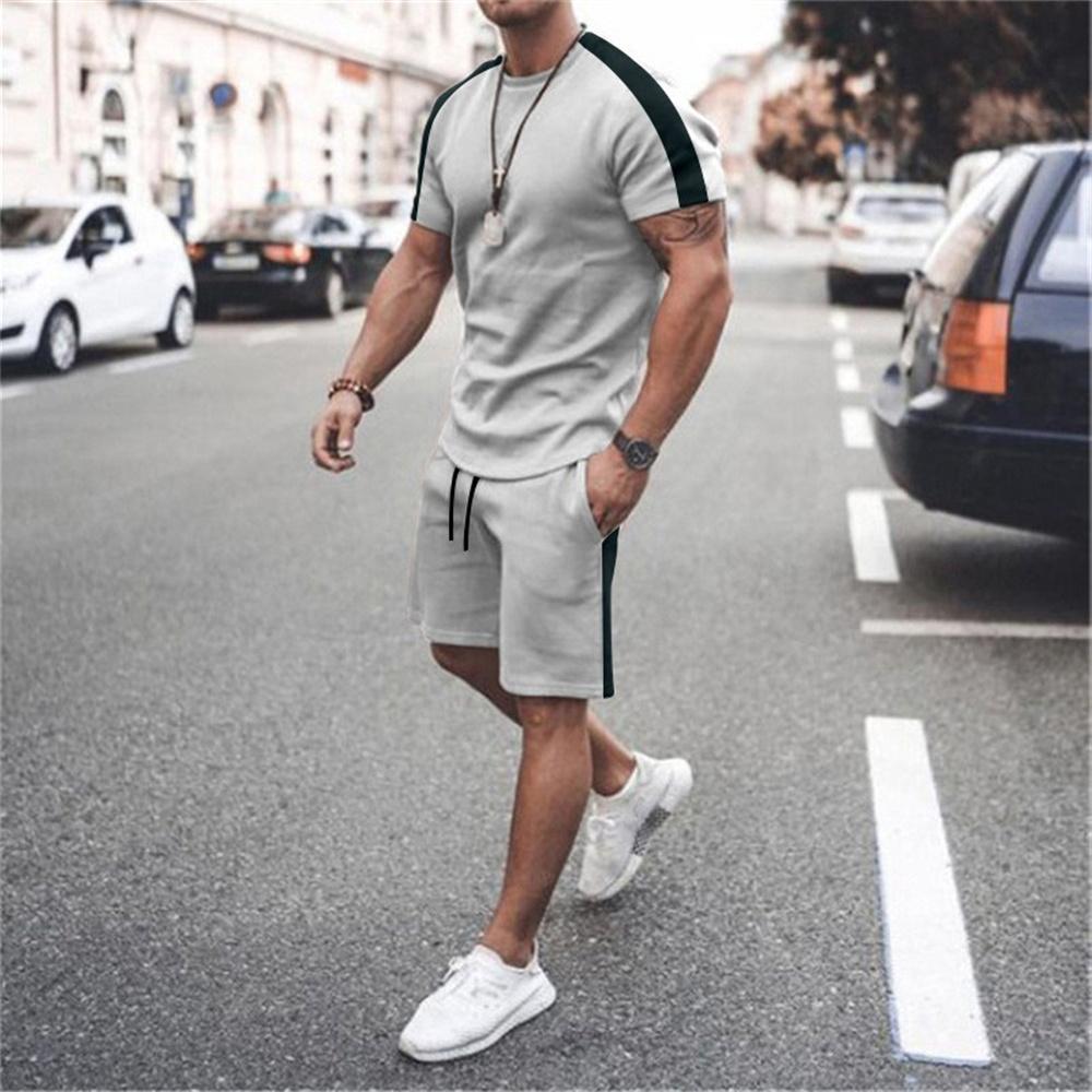 New Men's Sports Suit T Shirt Solid Color Casual Plus Size Tracksuit Man Summer Clothing Streetwear Male Shorts Two Piece Sets