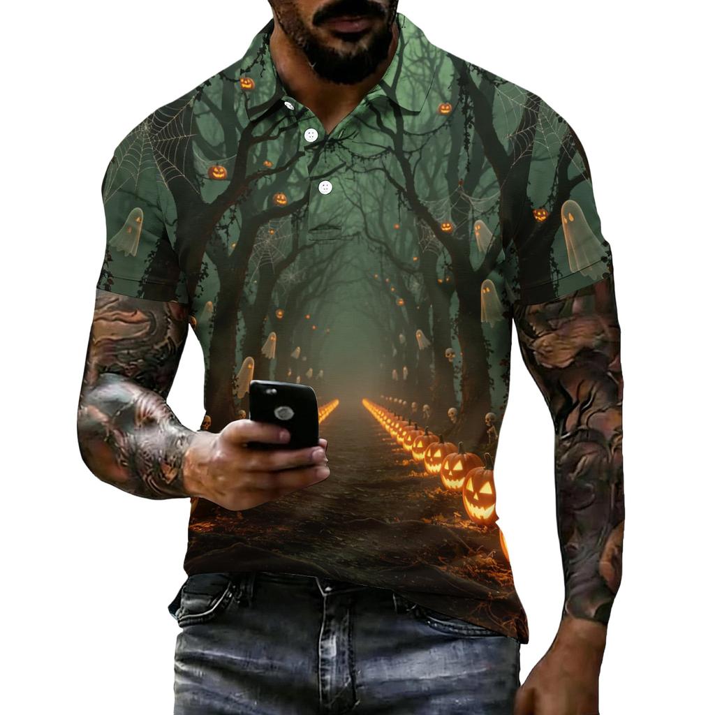 Men's Halloween Print Vintage Texture Short Sleeve Polo Shirt Loose Breathable Summer Sports Street Casual Daily Wear Top