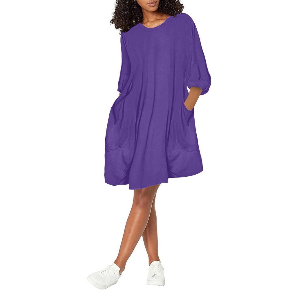 Womens Pocket Loose Dress Ladies Neck Casual Long Tops Dress Plus Size