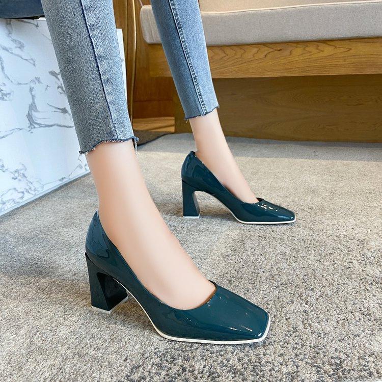 Korean Style Patent Leather Square Toe Women's High Heels with Thick Heels for 2024