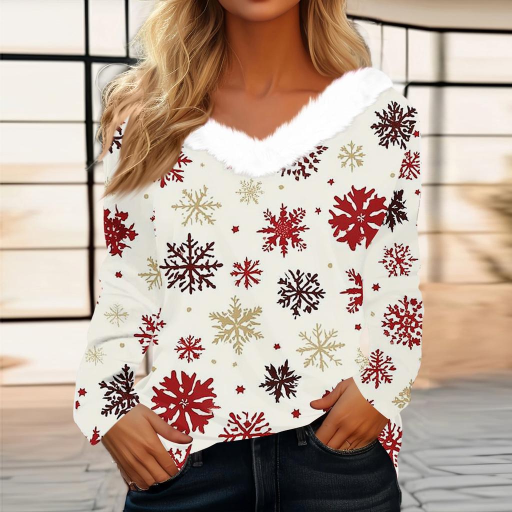 Women's Fashion Long Sleeve Christmas V-Neck Printed Party Furry Top