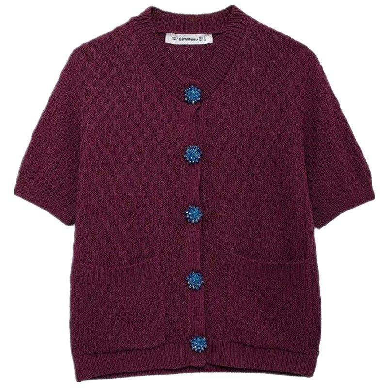 Fashion Style 2024 Autumn New Women's Jewelry Button Decoration Short Sleeve Round Neck Knitting Outwear 6427103