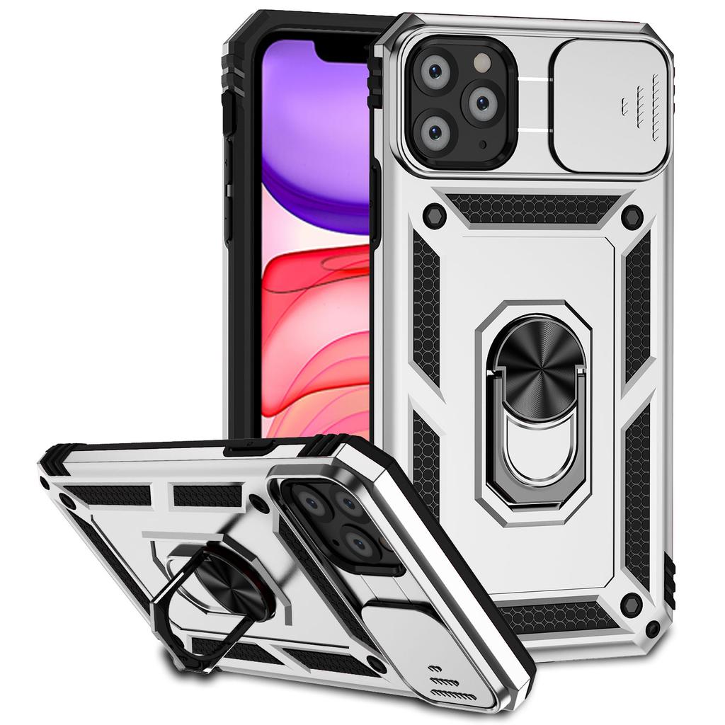 For iPhone 11 Pro Case Kickstand PC+TPU Hybrid Phone Shell with Camera Slide Cover -  Red