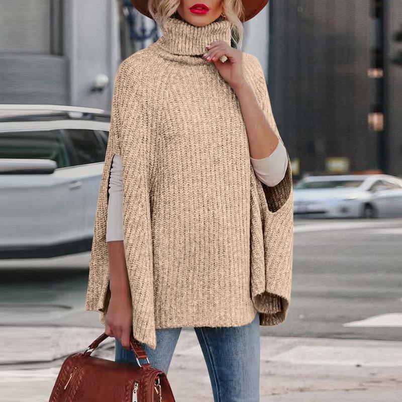 2025 Autumn/Winter Women's High Neck Loose Fashion Cape Sweater - Solid Color