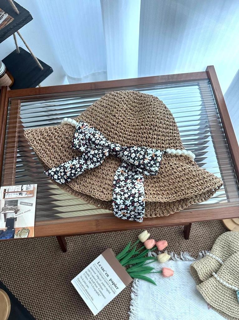 Pearl straw hat summer travel sunscreen sunshade bucket hat new straw seaside vacation net red hat