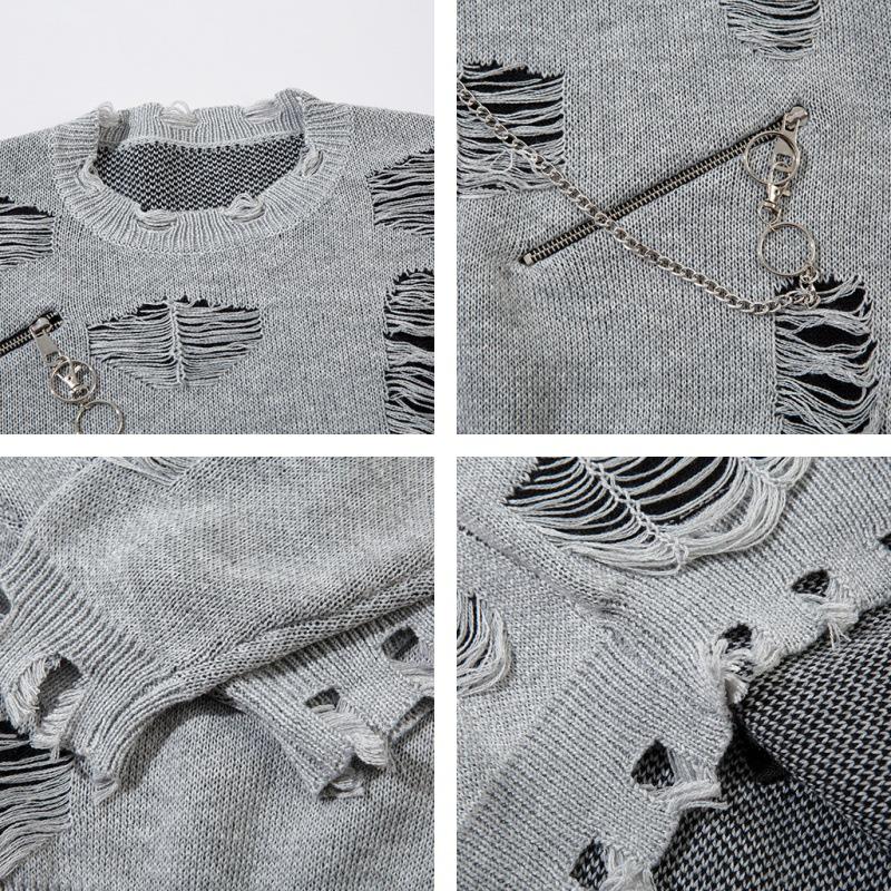 Pull Zippé Déchiré Tendance Unisexe Automne 2024 - Maille Streetwear Ample