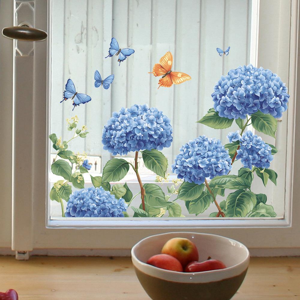 Hydrangea Butterfly Glass Window Home Beautification and Decoration Window Stickers Uv Static Electricity
