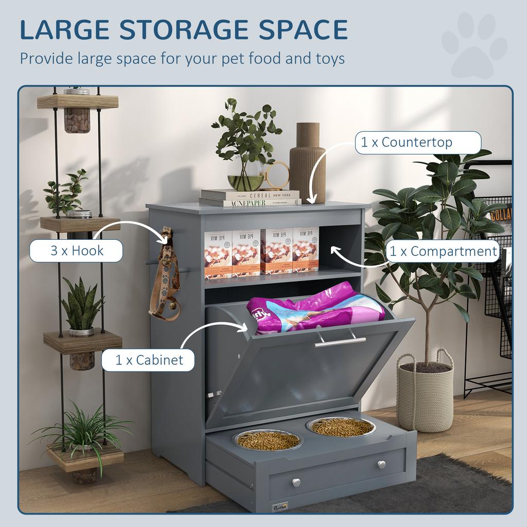 Pet Feeder Station, Dog, Cat Storage Container, with Raised Bowls, Hanger, Cabinet - Grey