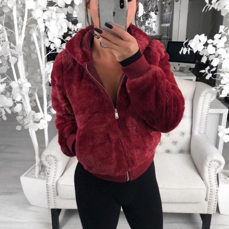 Women Bunny Fur Hooded Jacket Short Coat for Autumn Winter Female Fashion Outerwear