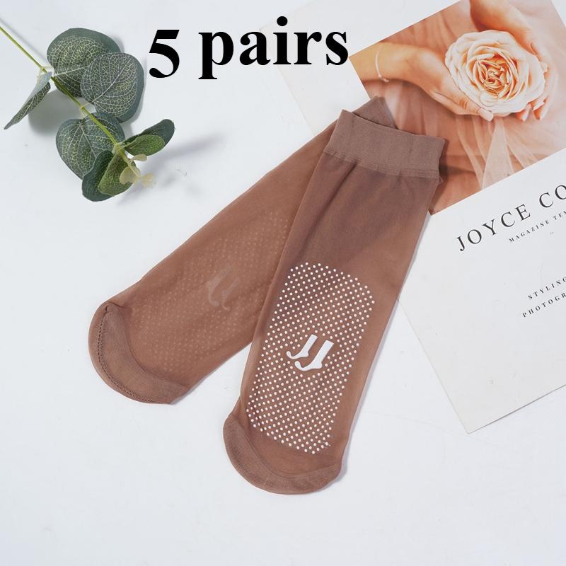 Zestaw 3/5/10 par Damskie krótkie skarpetki jedwabne z silikonowym nadrukiem antypoślizgowym, Niewidoczne, Przezroczyste, Odporne na zaciągnięcia, Masujące stopy