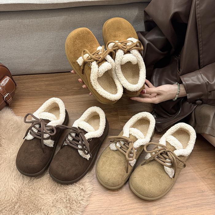 Japanese big head autumn and winter new thick velvet warm cotton shoes women's shoes Maillard color non-slip retro fluffy casual shoes