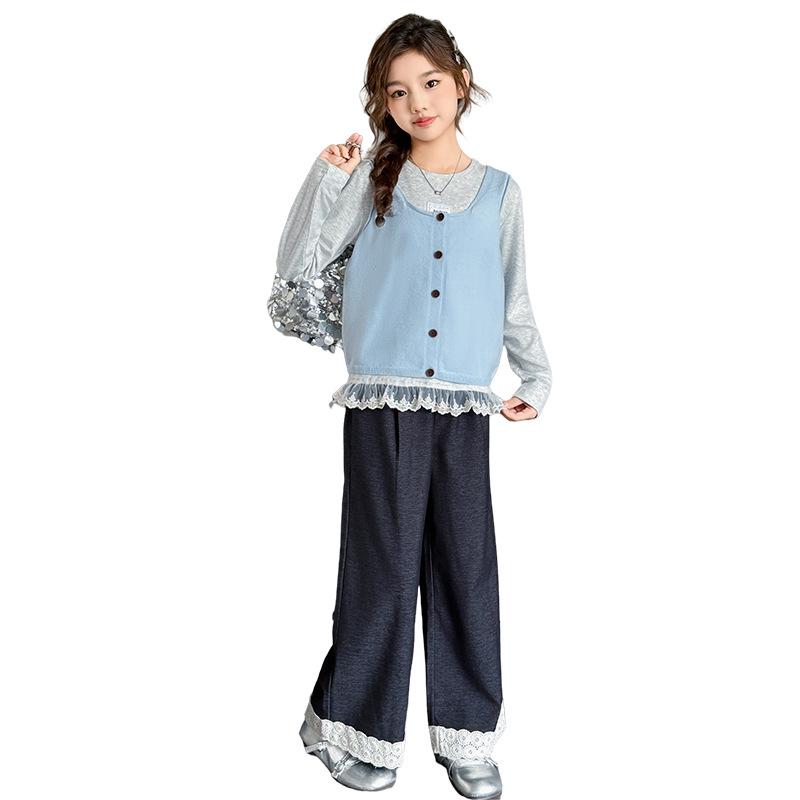 2025 Girls' Spring & Autumn Korean-Style Lace Fashion Three-Piece Set