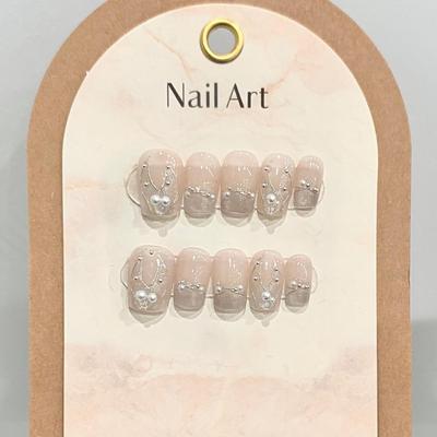 HANDMADE Artificial Nail Mermaid Tail Pearl French Cat Eye Short Phototherapy Nails Fake Nails Reusable and Removable Nails